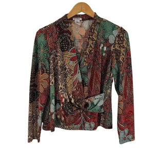 Graff Metallic Floral Blouse Medium Draped V Neck Long Sleeve Colorful Stretch
